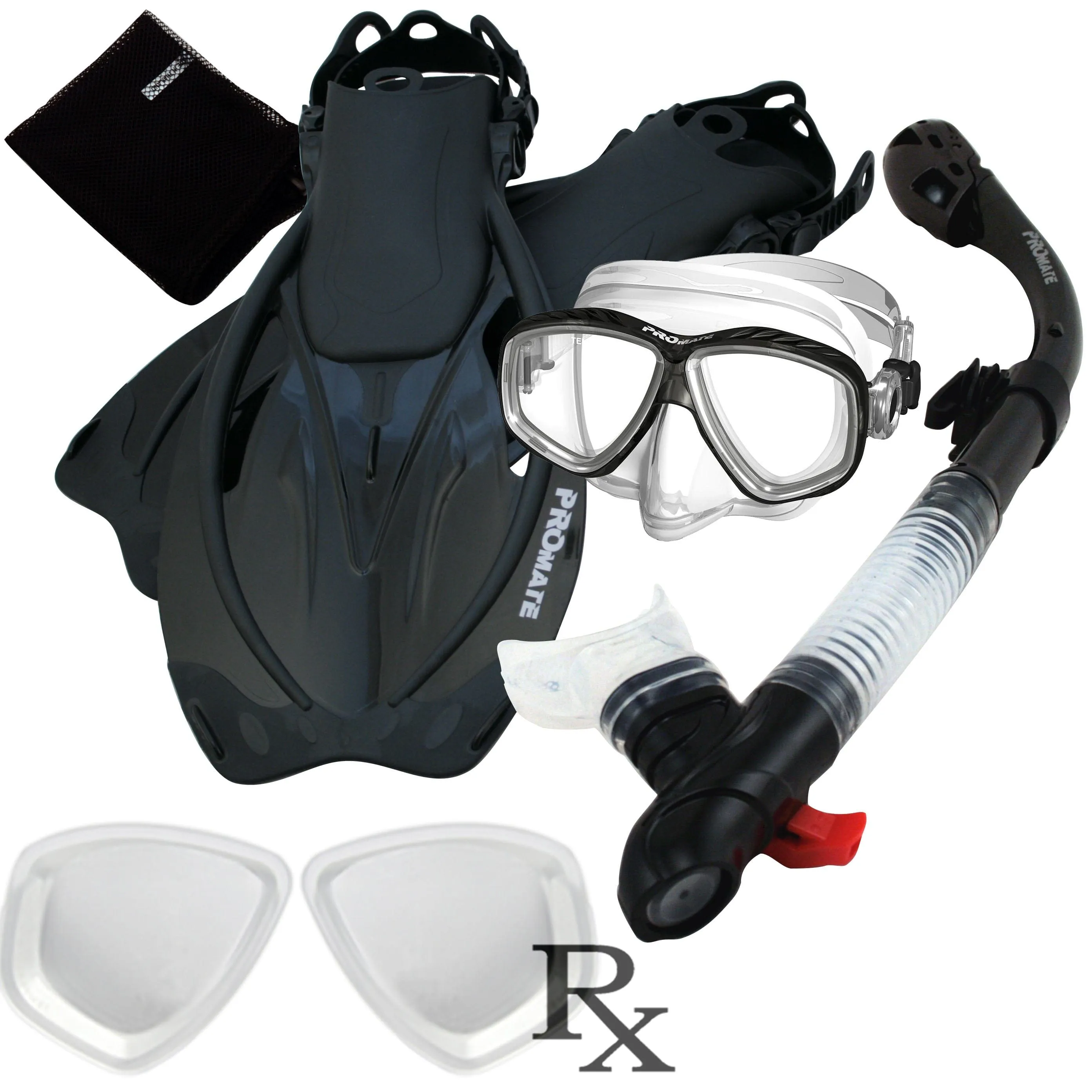 Promate Prescription PURGE Mask Dry Snorkel Fins Bag Snorkeling Gear Set - SCS0097 RX