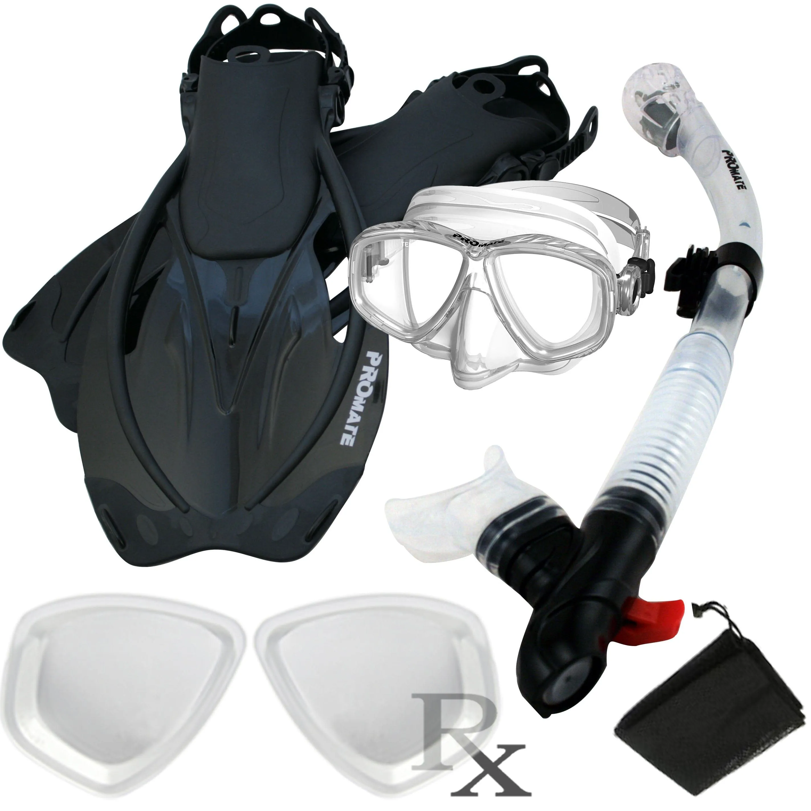 Promate Prescription PURGE Mask Dry Snorkel Fins Bag Snorkeling Gear Set - SCS0097 RX