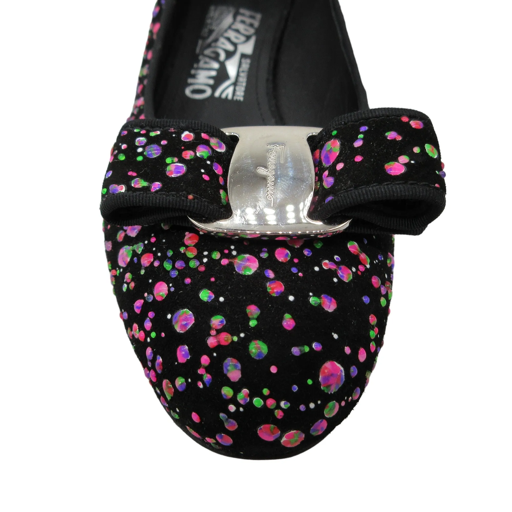 Salvatore Ferragamo Black / Pink Multi Bow Detail Paint Splattered Shoes