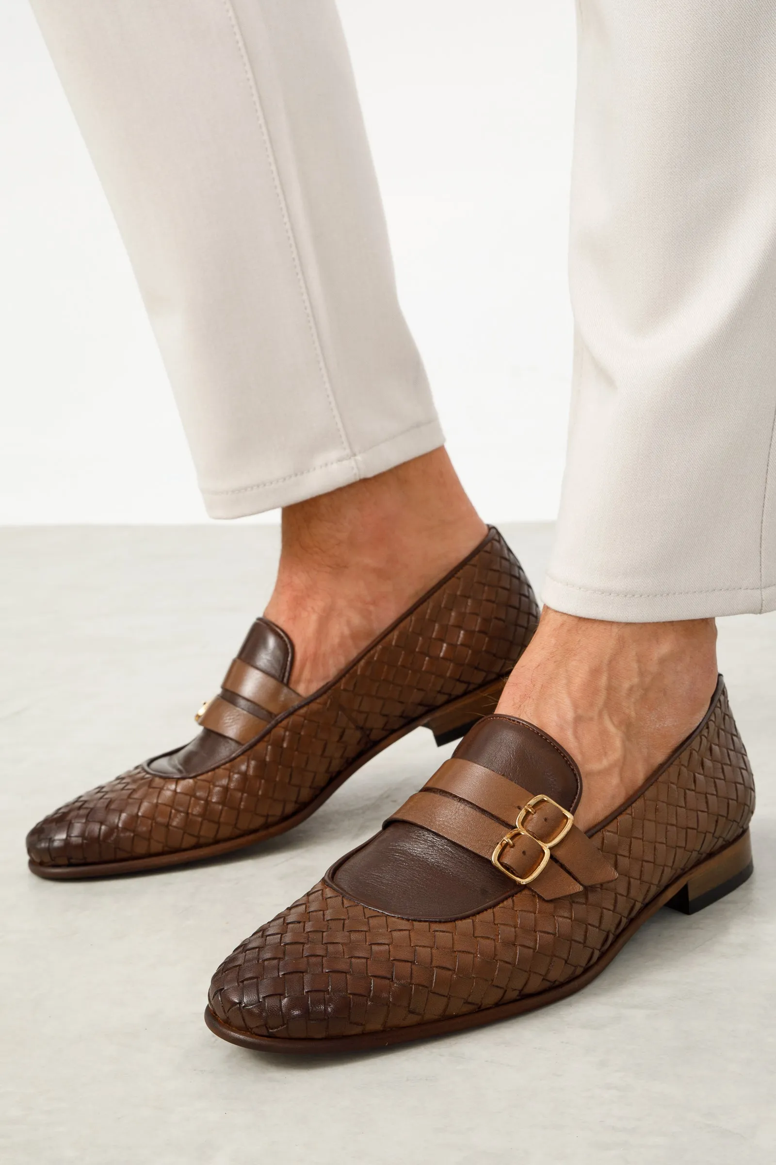 The Vatra Tan Woven Double Monk Strap Men Shoe