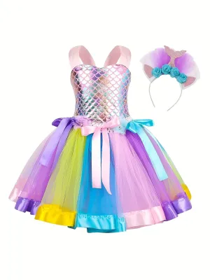 Tutu Dress and Headband Set - Sparkling Fish Scale Pattern Mesh Outfit for Girls - Perfect for Christmas, Halloween, Birthday Party, Performance, and Gift-Giving Occasions