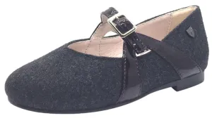 Venettini Girl's Grey Flannel Wool with Burgundy Patent Leather Buckle Strap Mary Jane Dress Flats