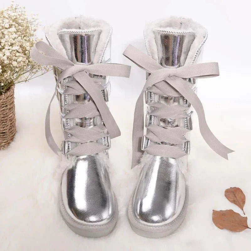 Warm Leather Snow Boots with Genuine Cow Leather Shaft and Rubber Outsole - GRWG