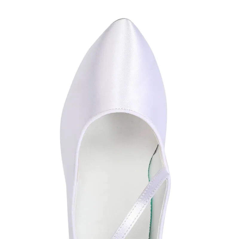 White Satin Pointed Toe Lace Up Ballroom Dance Shoes