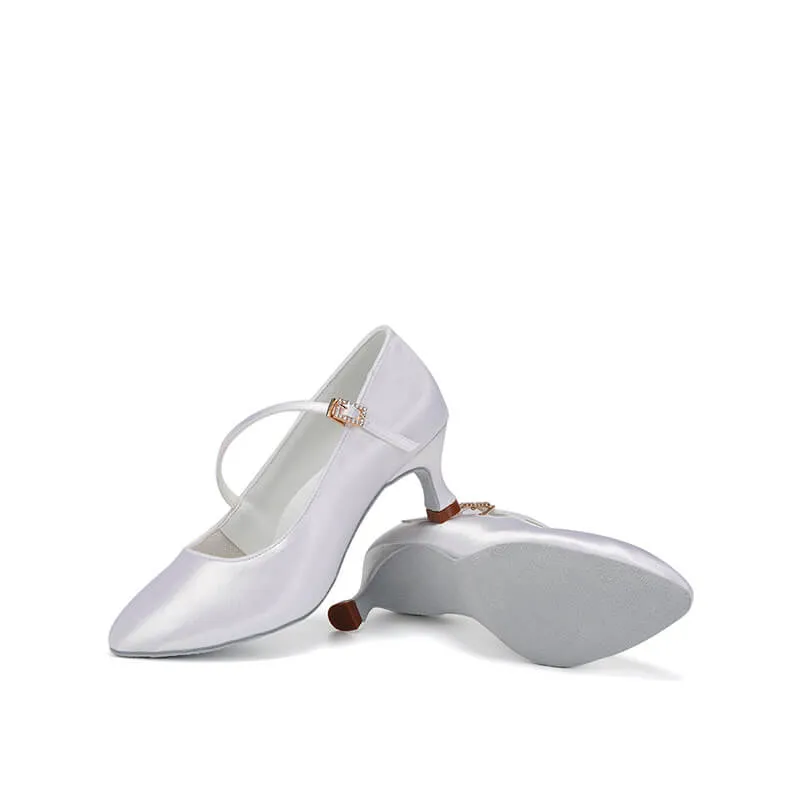 White Satin Pointed Toe Lace Up Ballroom Dance Shoes