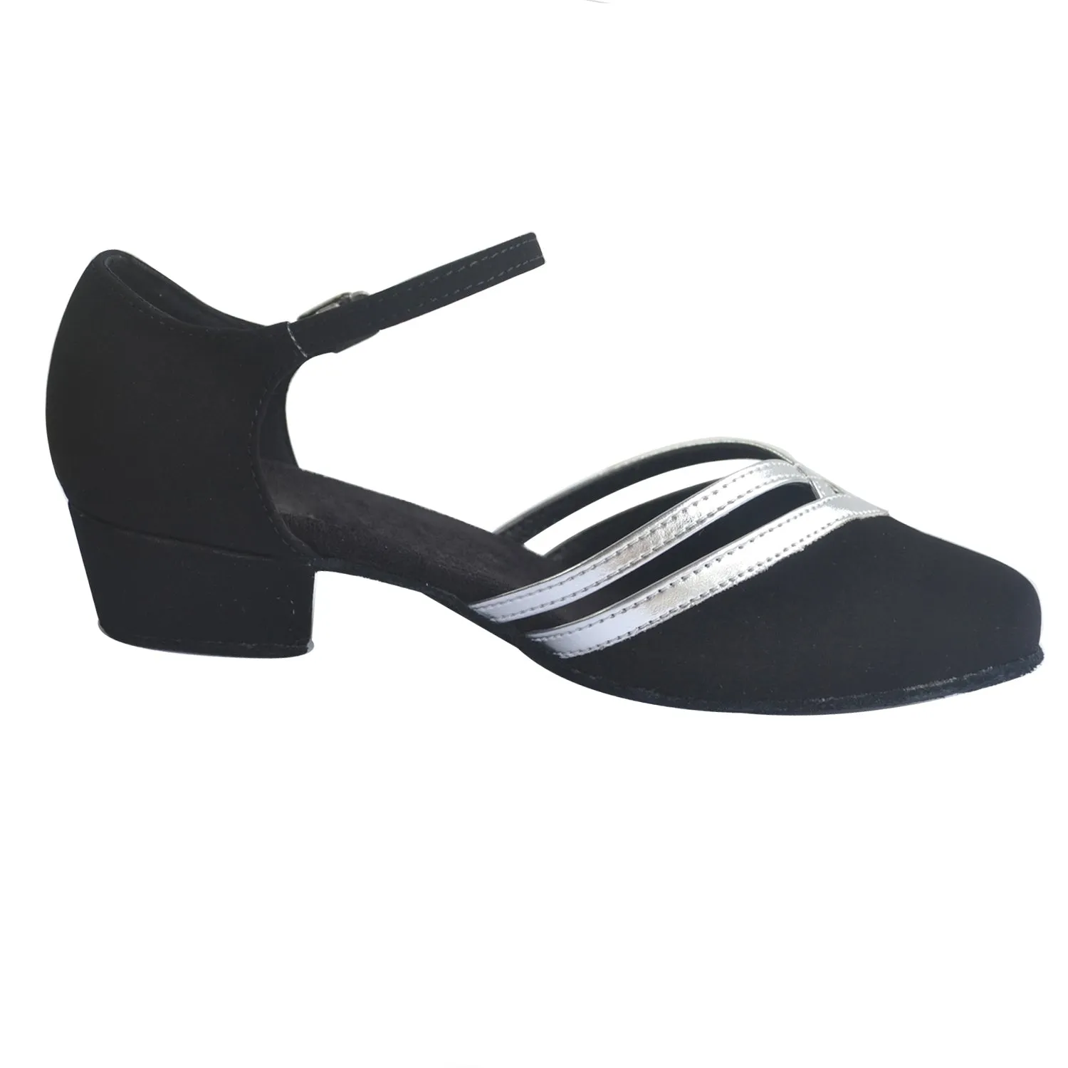 Women Ballroom Dancing Shoes Ladies Tango Latin Practice Dance Shoe Suede Sole Buckle-up Closed-toe Black and Silver