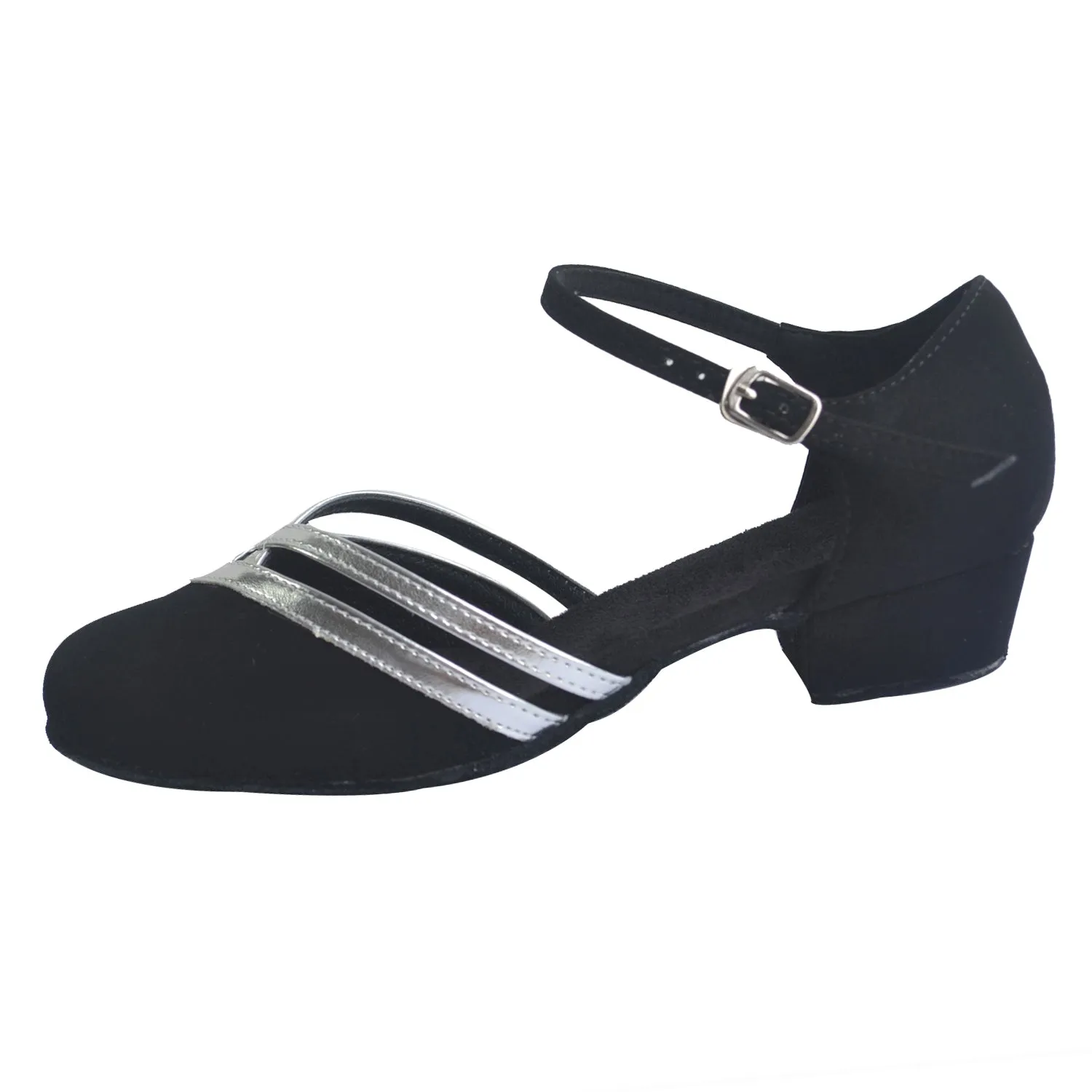 Women Ballroom Dancing Shoes Ladies Tango Latin Practice Dance Shoe Suede Sole Buckle-up Closed-toe Black and Silver