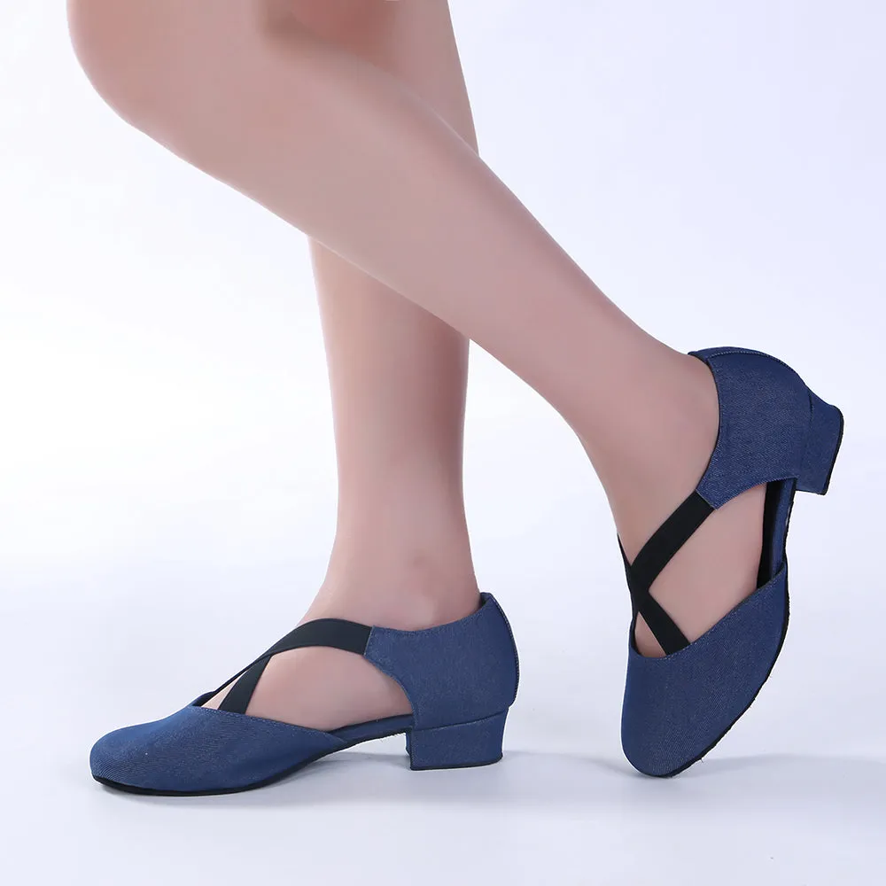 Women Ballroom Dancing Shoes Ladies Tango Latin Practice Dance Shoe Suede Sole Closed-toe Blue