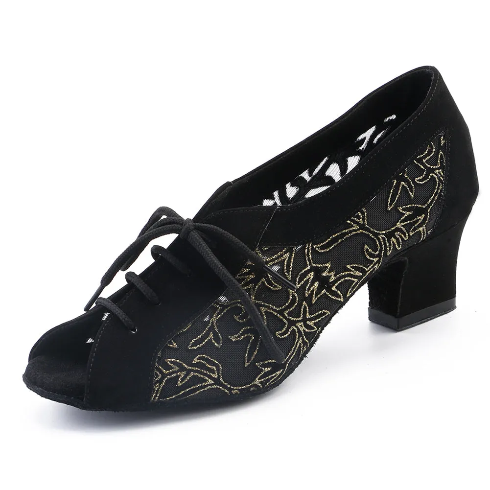 Women Ballroom Dancing Shoes Ladies Tango Latin Practice Dance Shoe Suede Sole Lace-up Open-toe Black and Gold