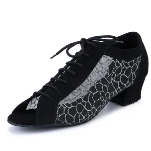 Women Ballroom Dancing Shoes Ladies Tango Latin Practice Dance Shoe Suede Sole Lace-up Open-toe Black and Silver