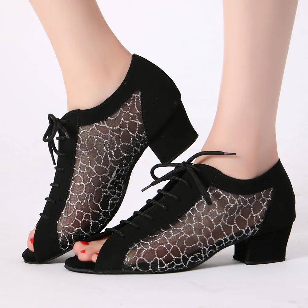 Women Ballroom Dancing Shoes Ladies Tango Latin Practice Dance Shoe Suede Sole Lace-up Open-toe Black and Silver