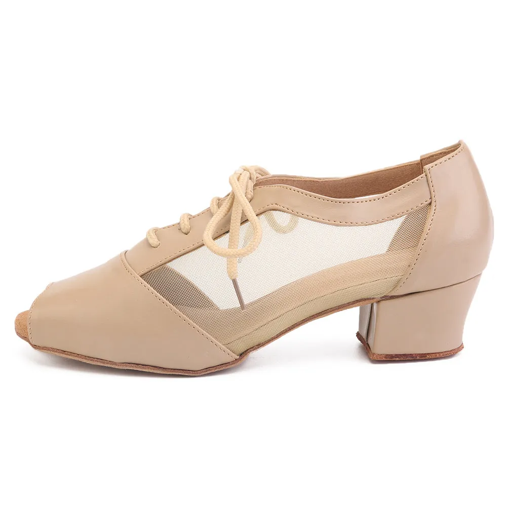 Women Ballroom Dancing Shoes Ladies Tango Latin Practice Dance Shoe Suede Sole Lace-up Peep-toe Nude