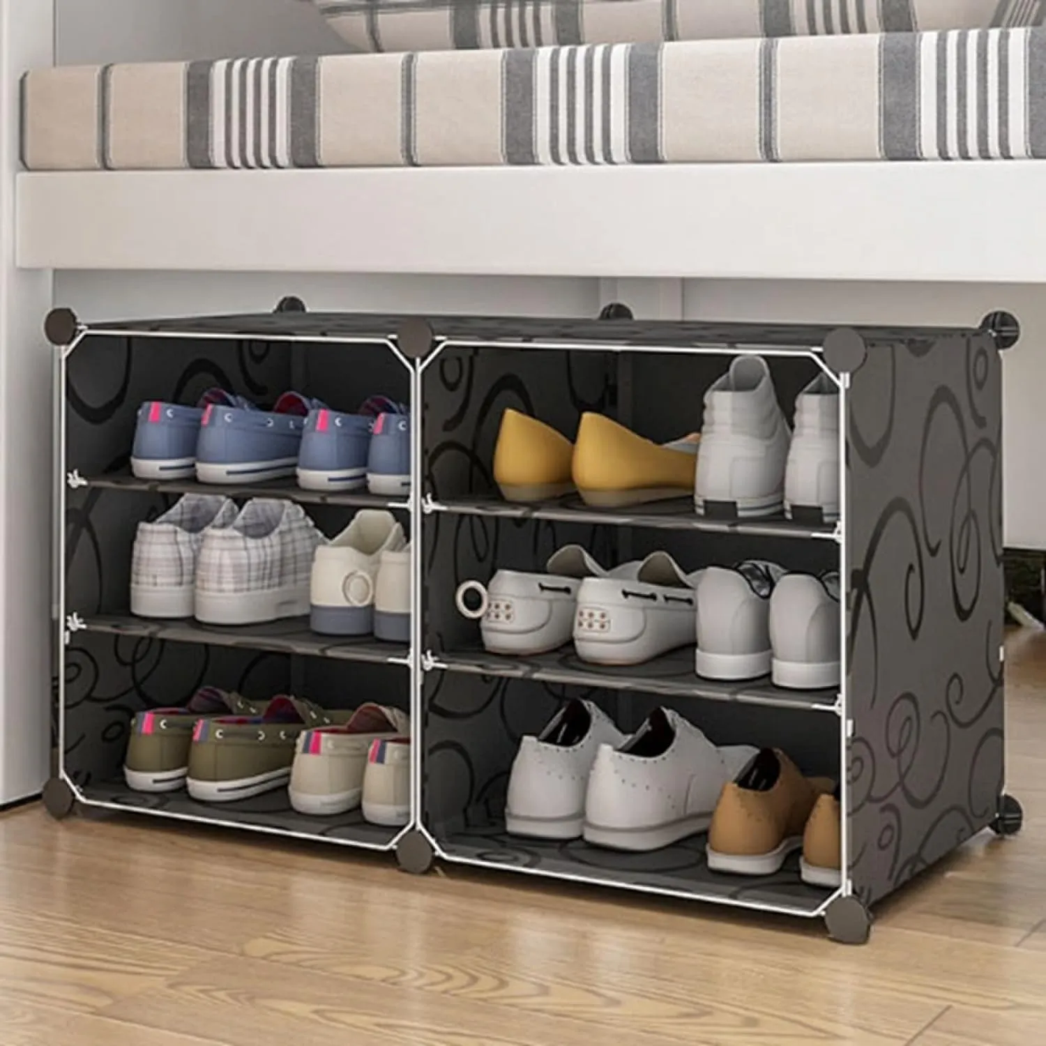 Zemic DIY Shoe Storage Cabinet, Plastic Shoe Rack Organiser to 30 Pair Shoes, foldable Shoe Storage with Shelves and Door for All Kinds of Shoes, Books, Toys and Clothing (6-Shelf, Black)