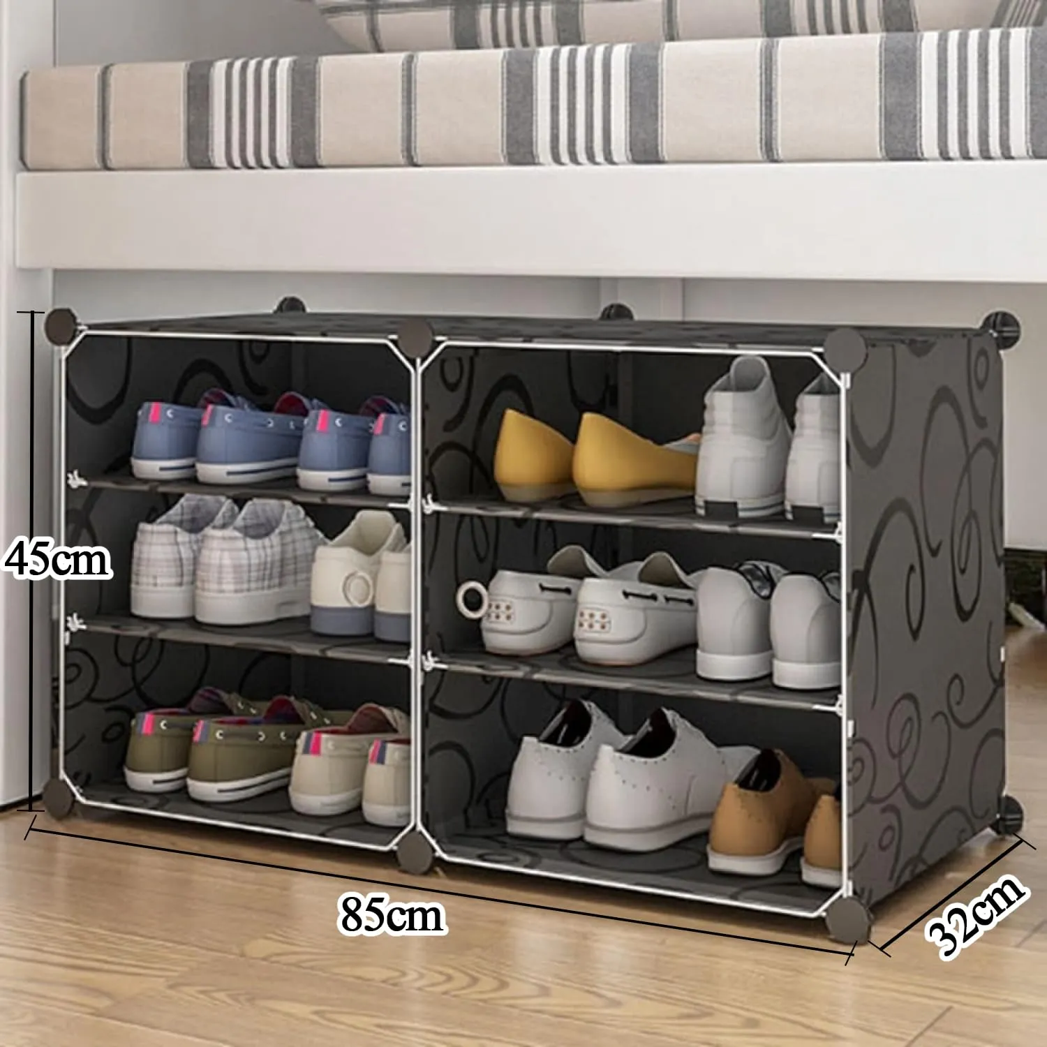 Zemic DIY Shoe Storage Cabinet, Plastic Shoe Rack Organiser to 30 Pair Shoes, foldable Shoe Storage with Shelves and Door for All Kinds of Shoes, Books, Toys and Clothing (6-Shelf, Black)